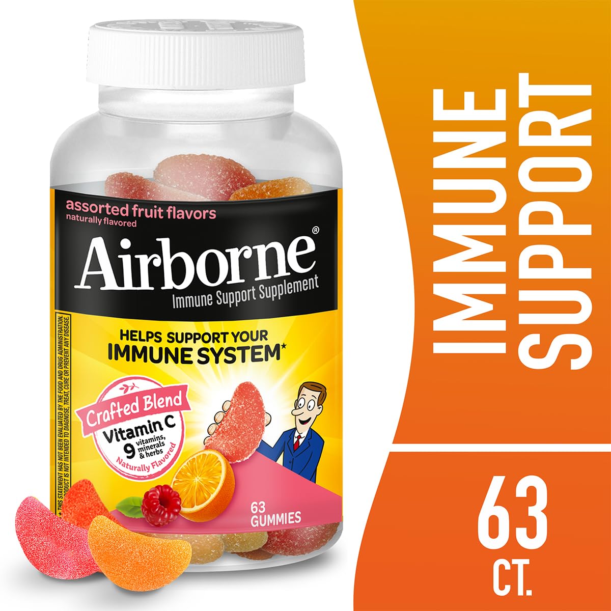 Airborne immune support gummies assorted fruit closeup showing tasty routine.