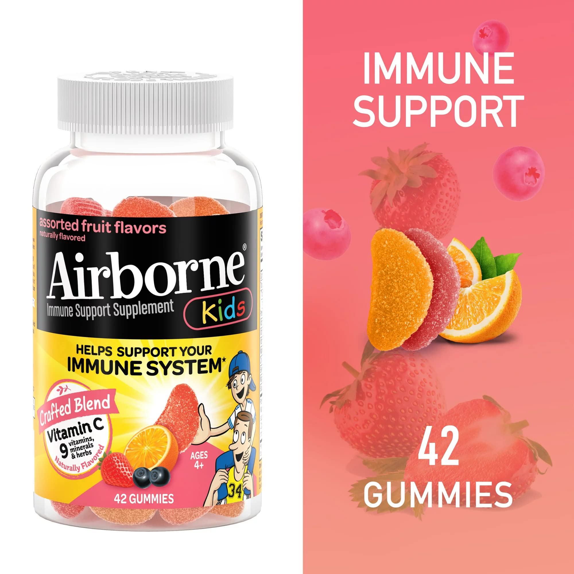 Airborne kids gummies assorted fruit pack for on-the-go, tasty immune support.