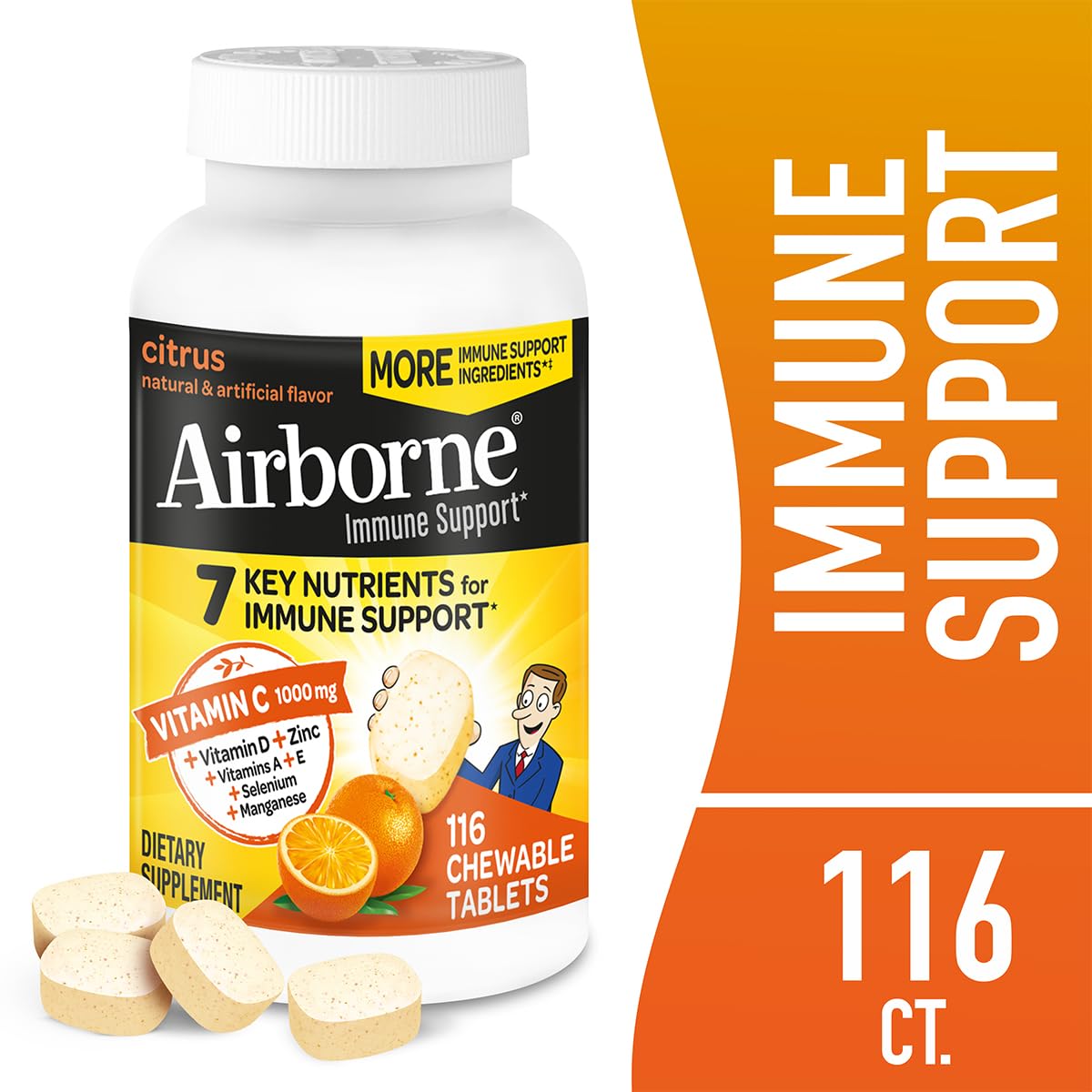 Airborne chewable tablets in hand showing citrus flavor and chewy form.