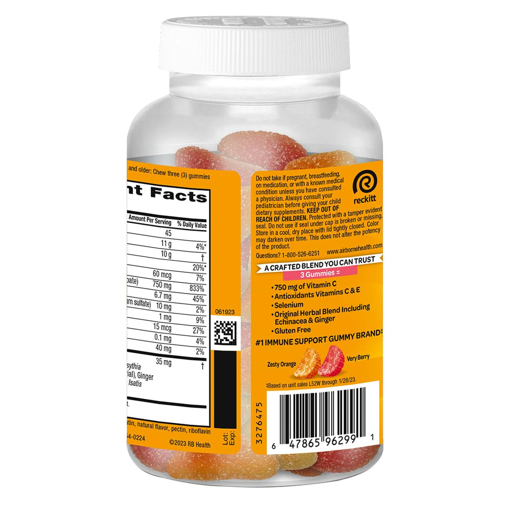 Airborne vitamin C gummies gluten-free packaging back with ingredients and potency.