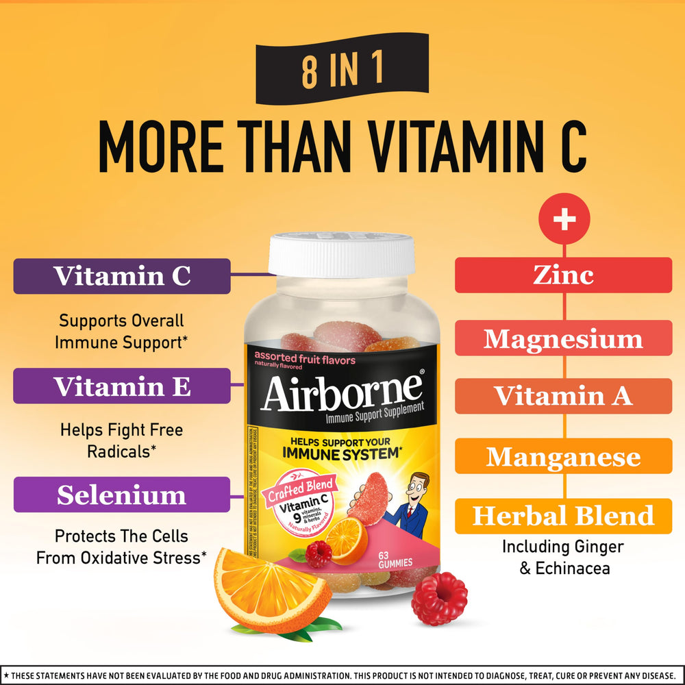 Airborne vitamin C gummies label sealed pack showcases purity and potency.