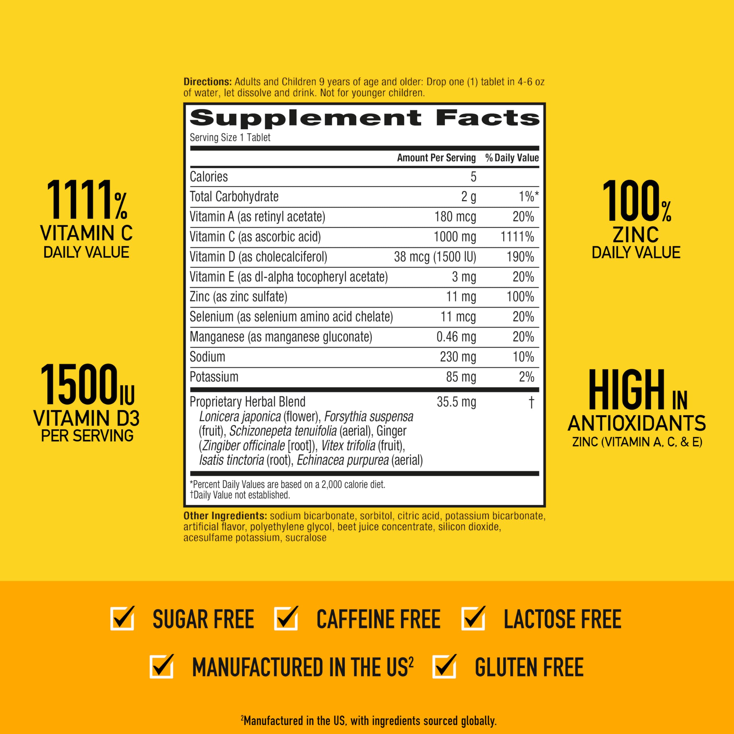 Airborne zinc 73% DV nutrition panel on packaging