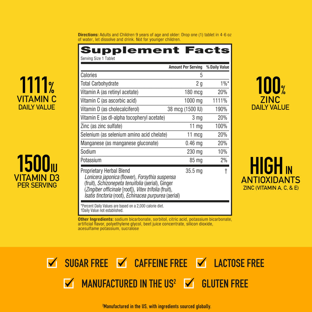 Airborne zinc 73% DV nutrition panel on packaging