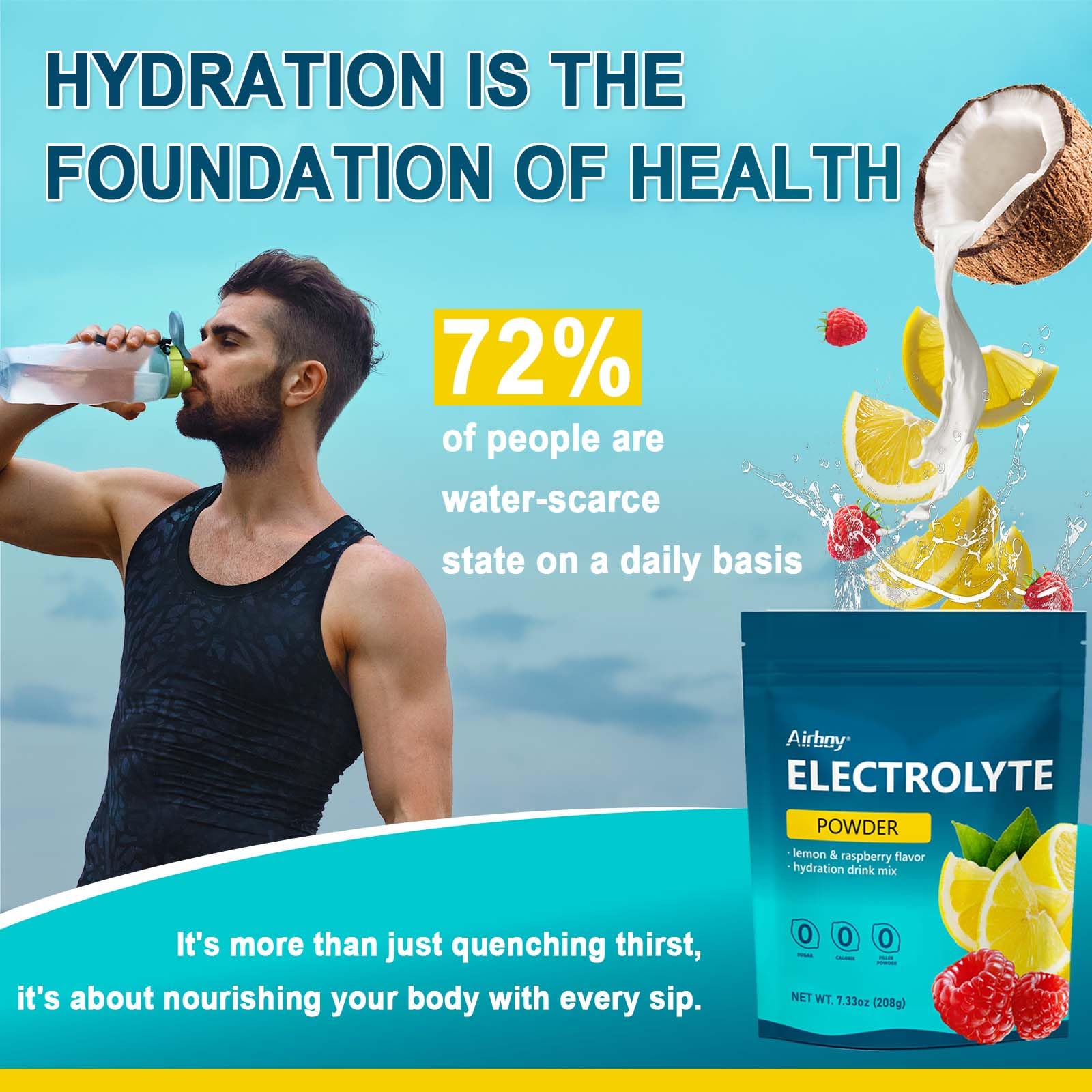 Airboy natural lemon raspberry flavor with coconut water minerals displayed.