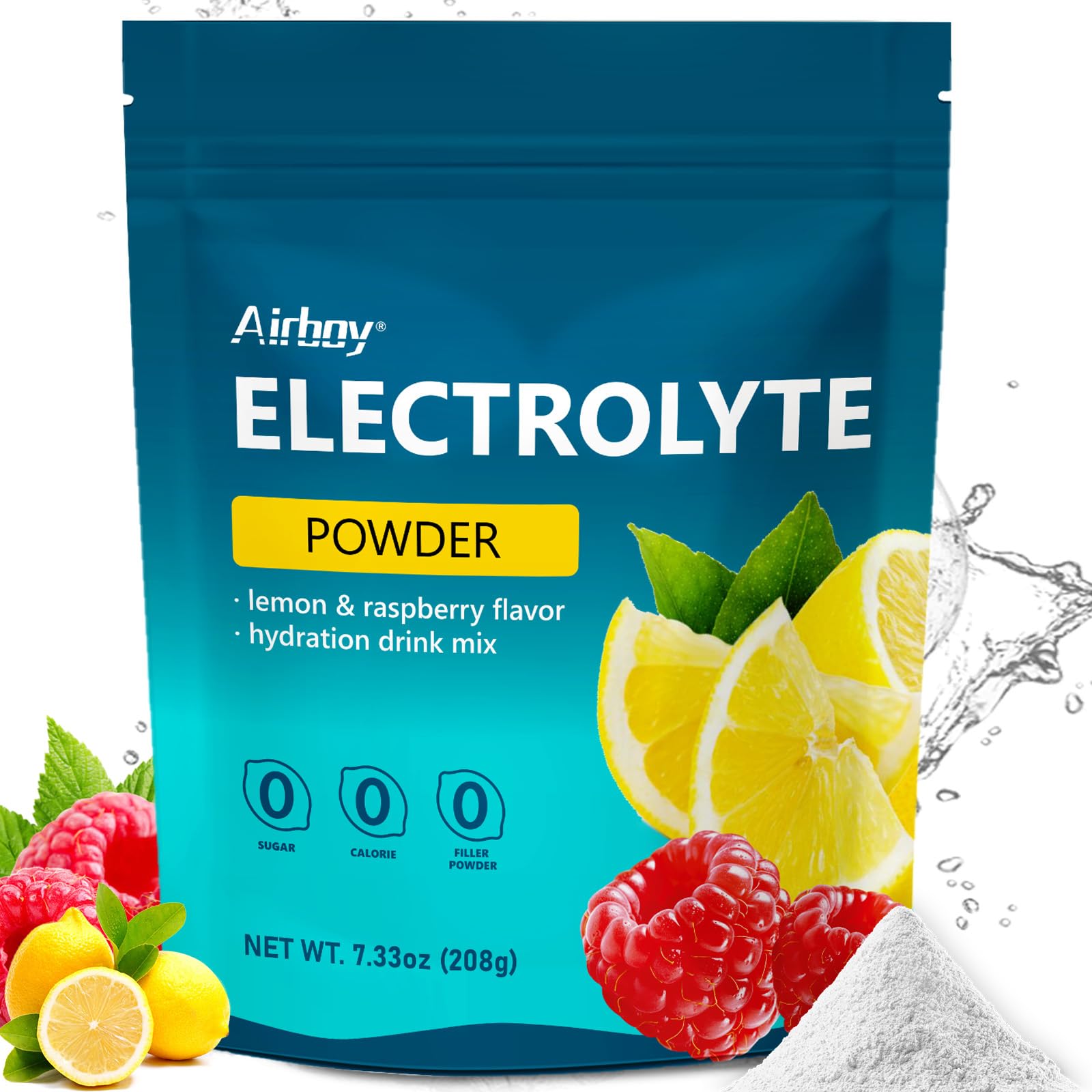 Airboy electrolytes powder bottle pouring with no-sugar formula for easy hydration.
