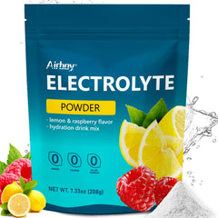 Airboy electrolytes powder bottle pouring with no-sugar formula for easy hydration.