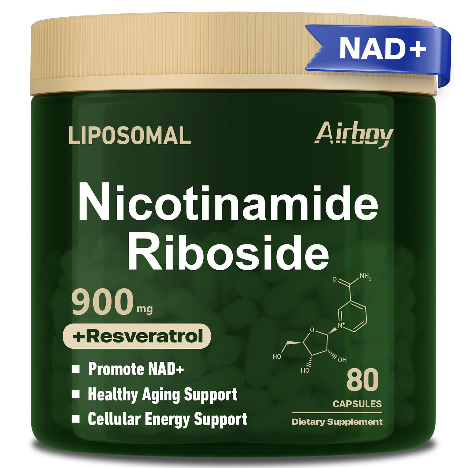 Airboy NAD+ bottle front view highlighting liposomal NR formula for daily energy.