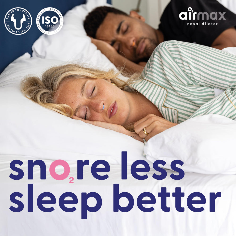 Airmax nasal dilators in use at night for peaceful sleep.