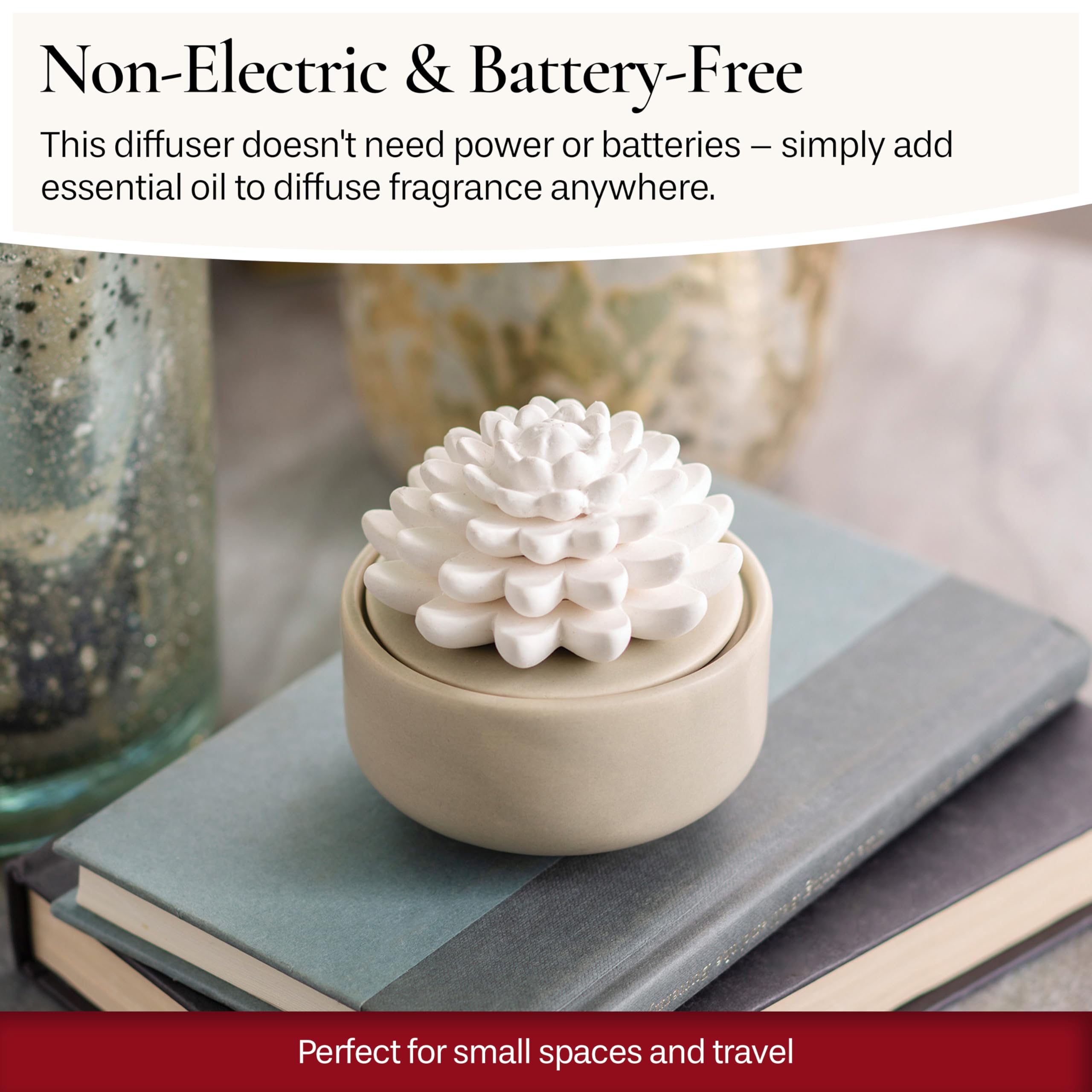 Airomé White Succulent diffuser with flower-wick activation for easy aromatherapy.