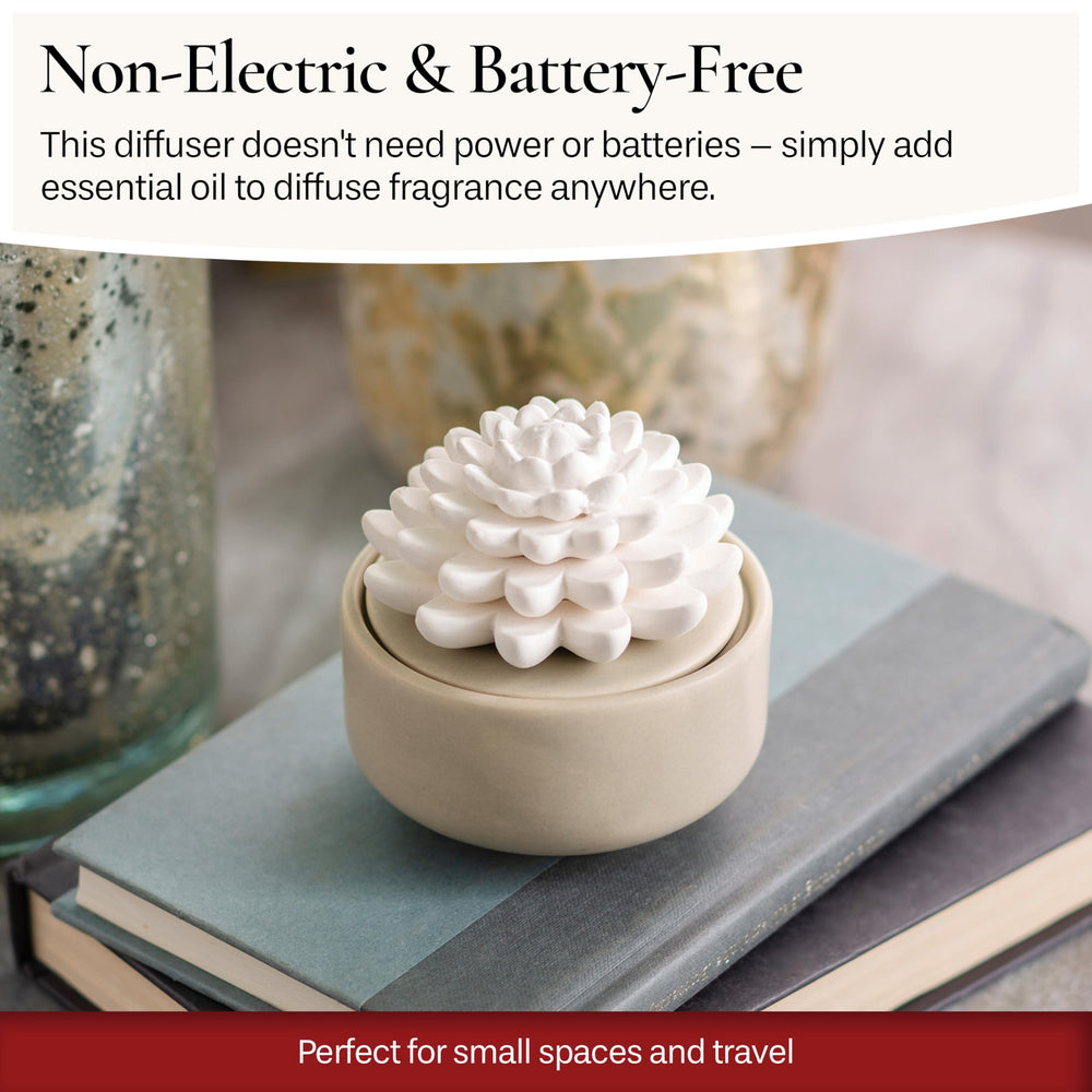 Airomé White Succulent diffuser with flower-wick activation for easy aromatherapy.