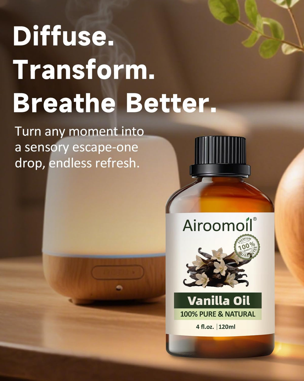 Airoomoil Vanilla oil packaging in amber bottle preserves scent and purity