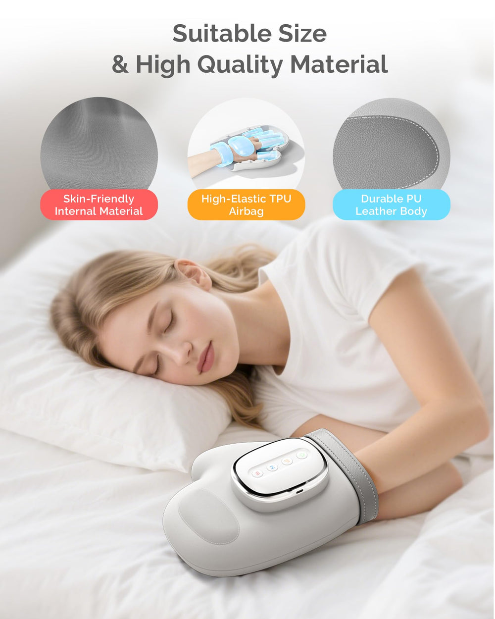 Airsee hand massager ergonomic chamber fits hands up to 4.3 inches.
