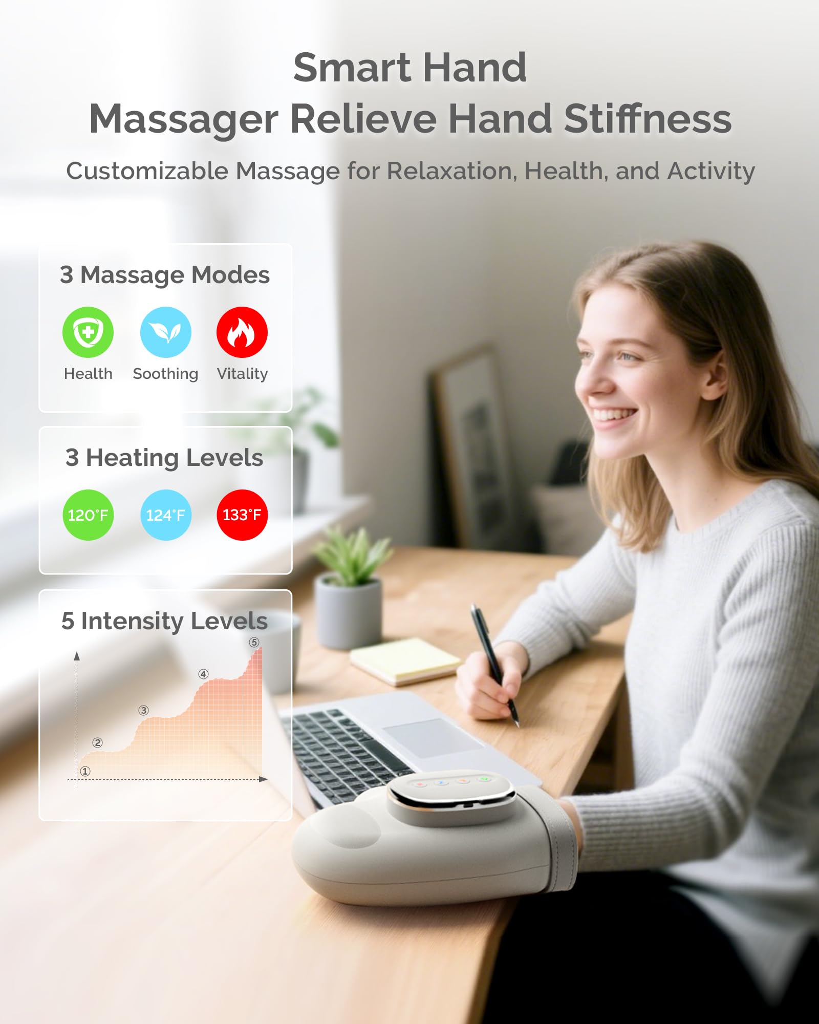 Airsee hand massager heat diffusion layer prevents hotspots during use.