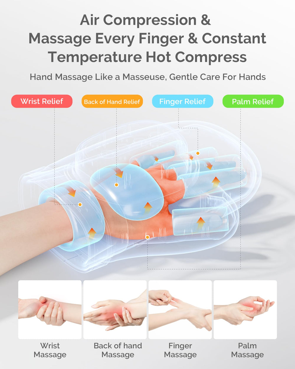 Airsee hand massager demonstrating the soothing mode for relaxation.