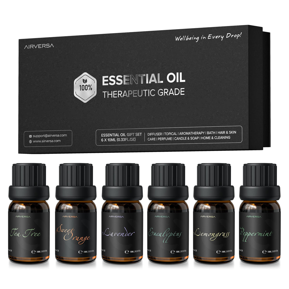 Airversa conjunto de seis aceites aromáticos para difusor, ideal para crear un ambiente relajante.