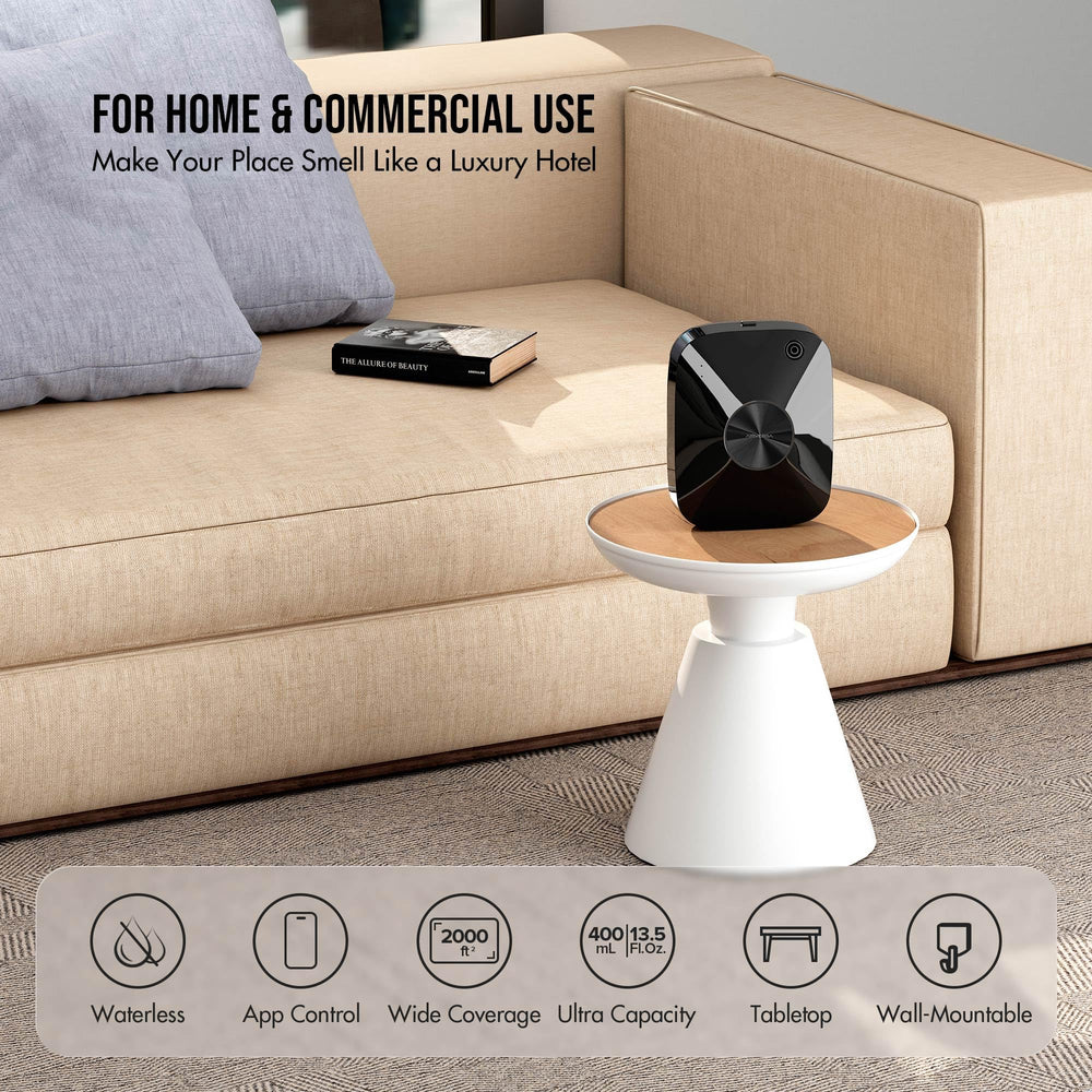 Airversa diffuser mounted on wall or tabletop showing flexible scent setup.