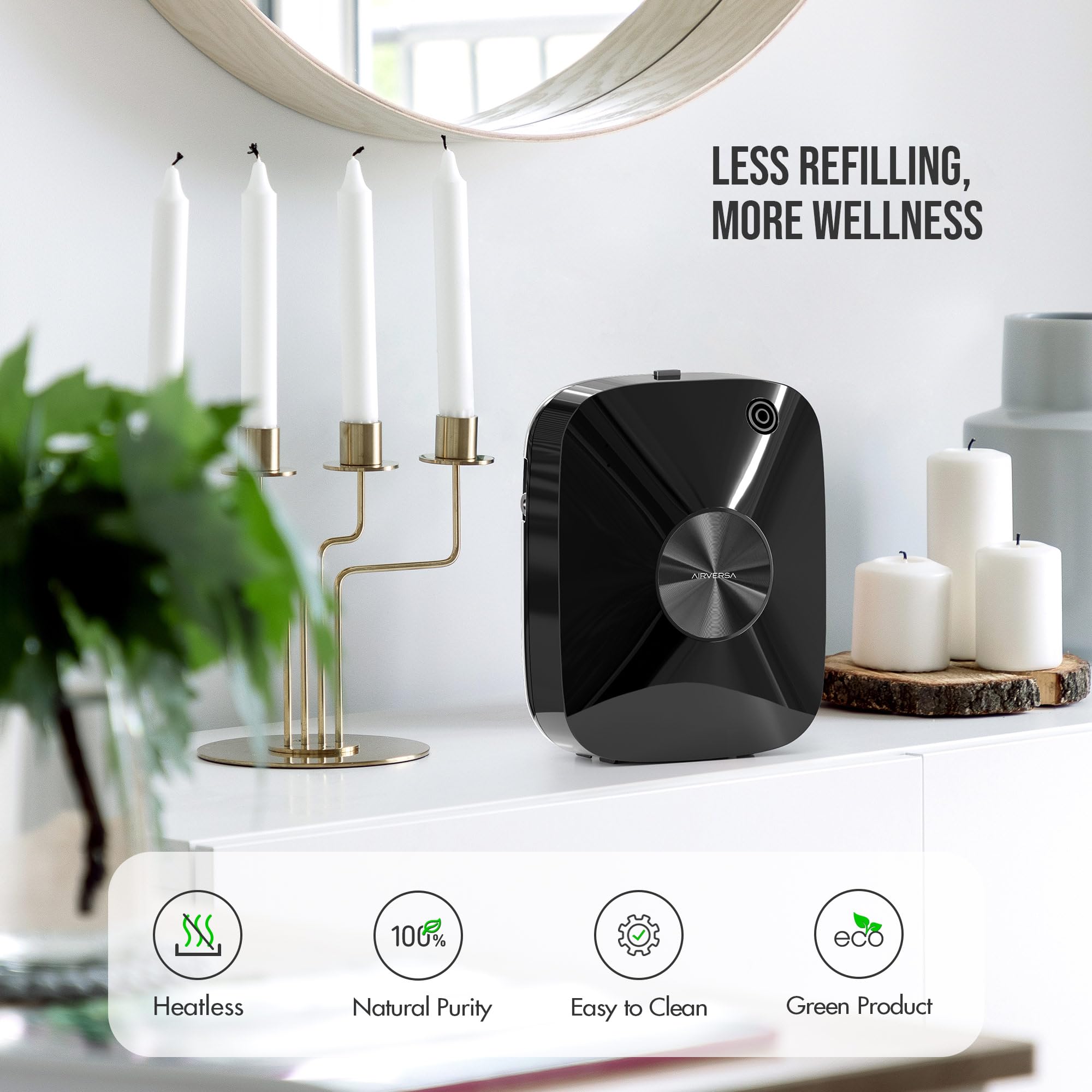 Airversa diffuser with booster fan for quiet, uniform aroma diffusion.