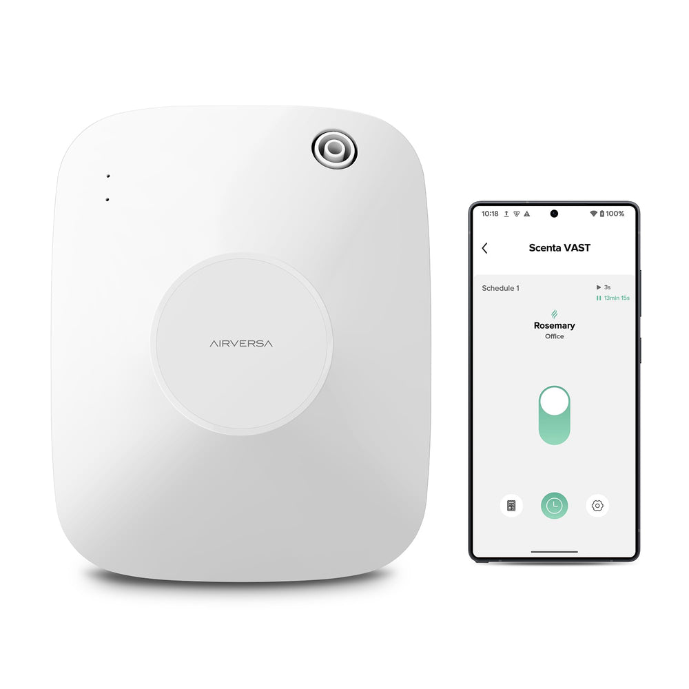 Airversa wall-mount diffuser front view, showcasing wide aroma coverage.