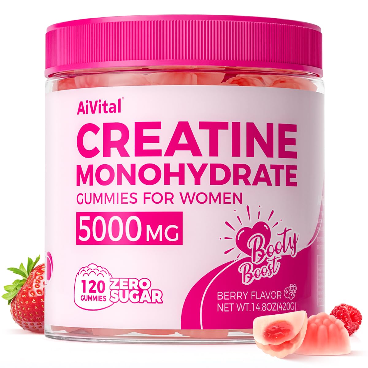 AiVital Creatine Gummies for Women berry bottle displaying 120-count jar for daily vitality