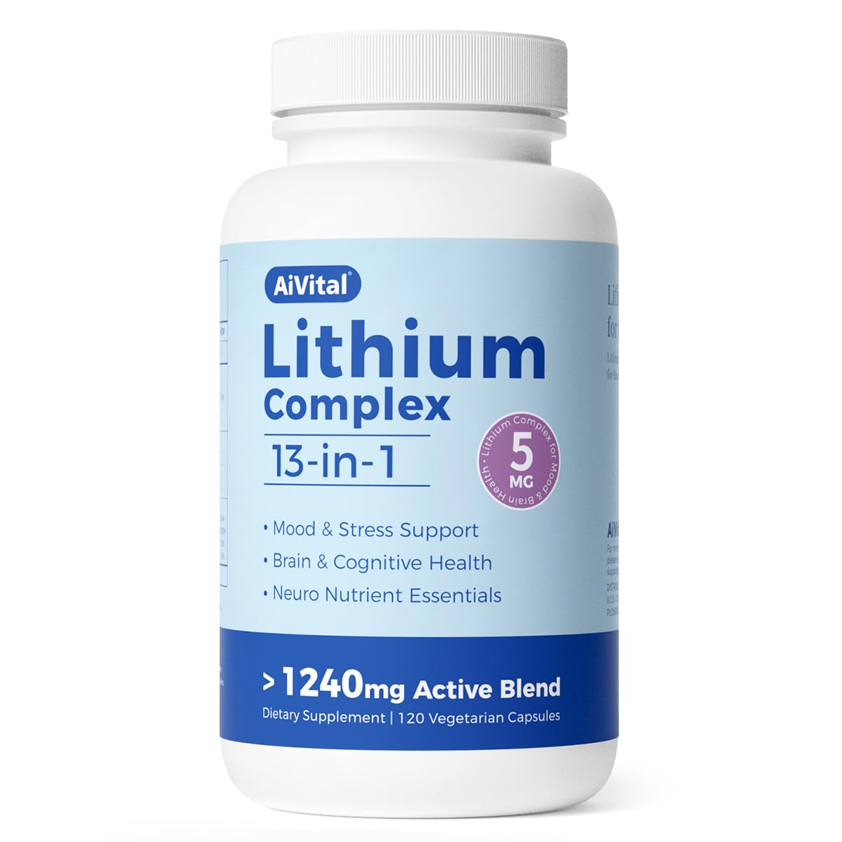 AiVital Lithium Orotate 5mg bottle shown for daily balance and focus support.