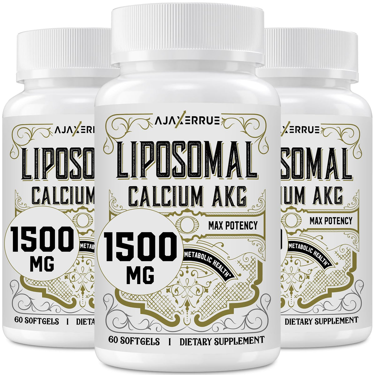 AJAXERRUE liposomal Calcium AKG bottle highlighting high absorption formula