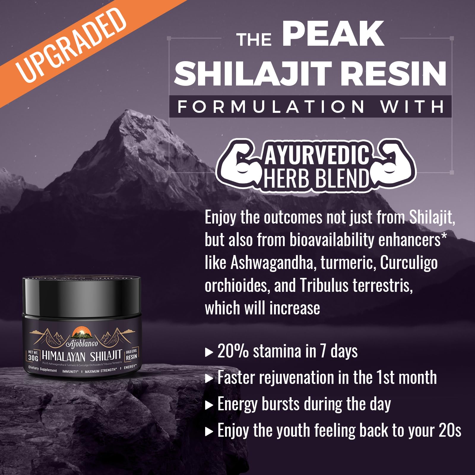 Ajoblanco Himalayan Shilajit Resin with Ayurvedic blend supports energy