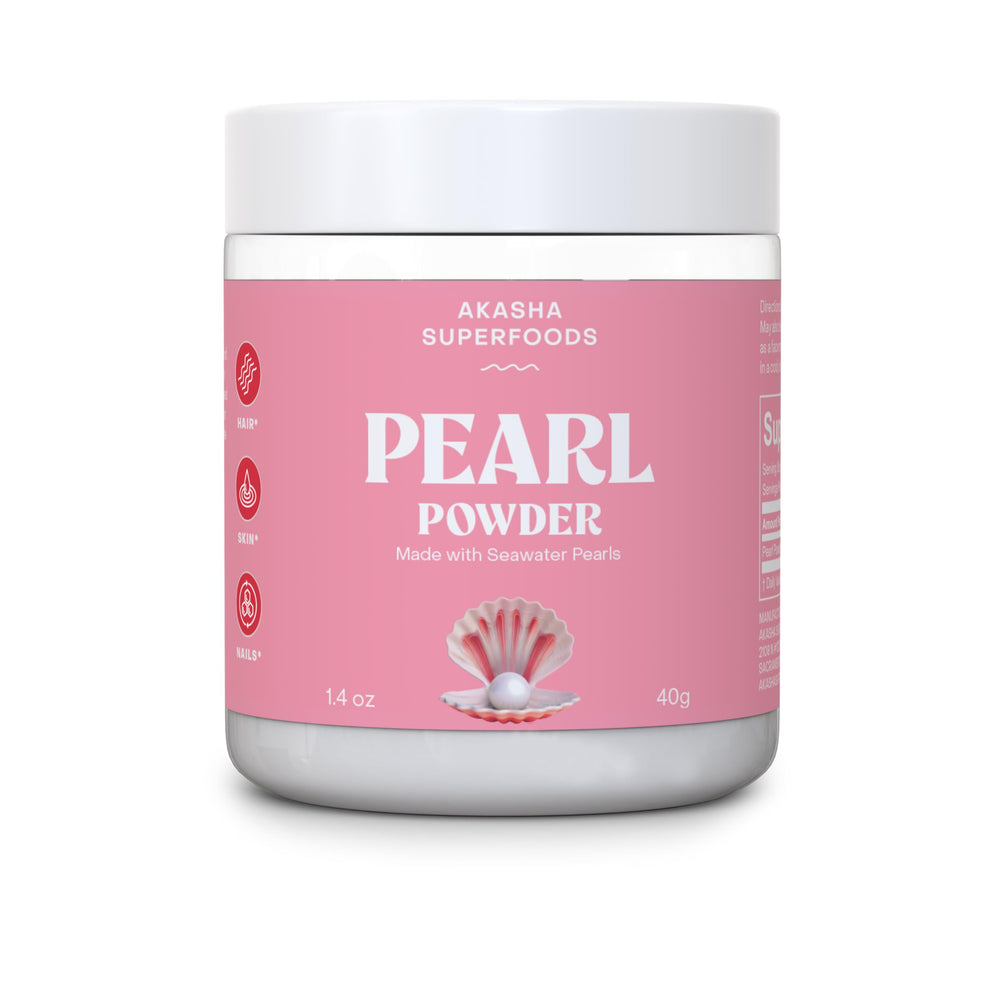 Akasha Superfoods Pearl Powder bottle showing premium marine minerals for daily beauty and wellness
