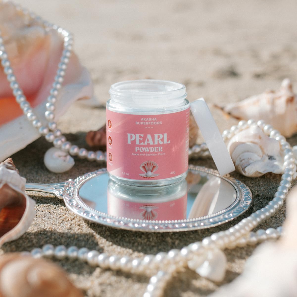 Minimalist glass jar with Pearl Powder highlights clean-label packaging