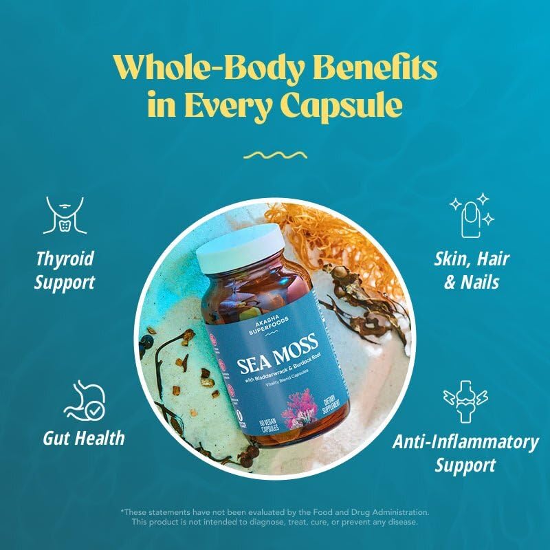 Akasha Sea Moss Capsules burdock root signals antioxidant-rich plant nutrients.
