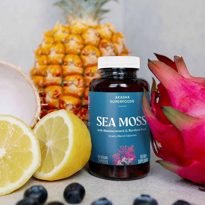 Akasha Sea Moss Capsules close-up highlights vegan formula and nutrient-rich profile.