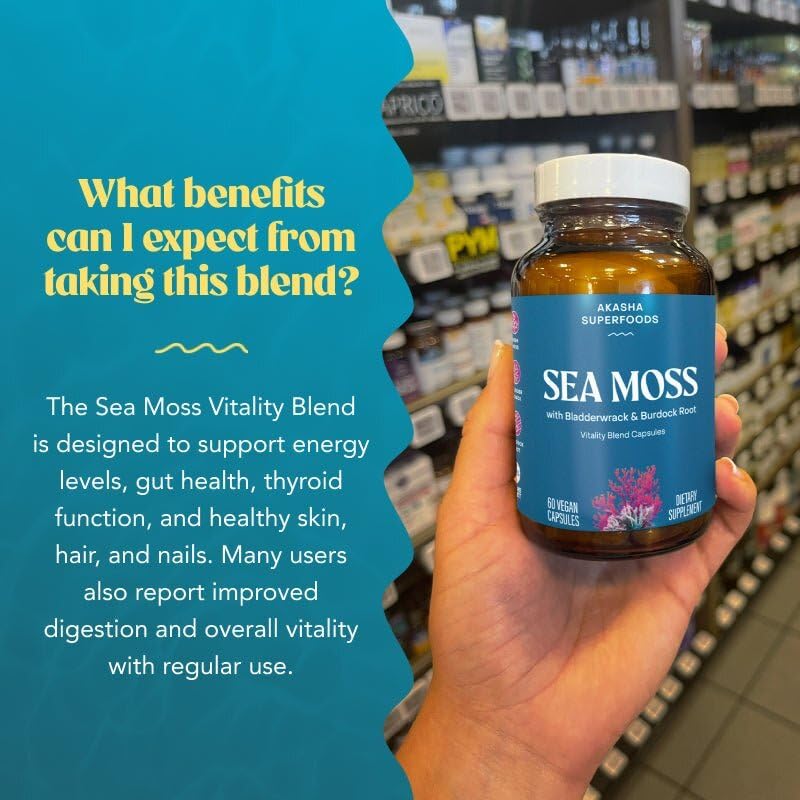 Akasha Sea Moss Capsules packaging front showcases gluten-free vegan formula.
