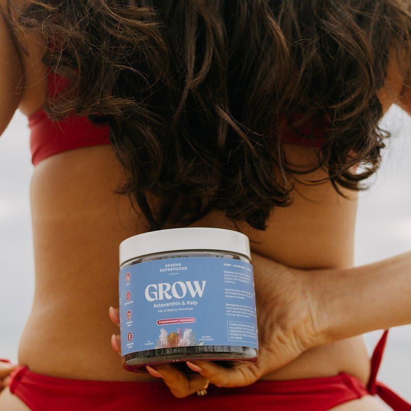 Akasha Grow Hair & Beauty Gummies on shelf with American-made badge