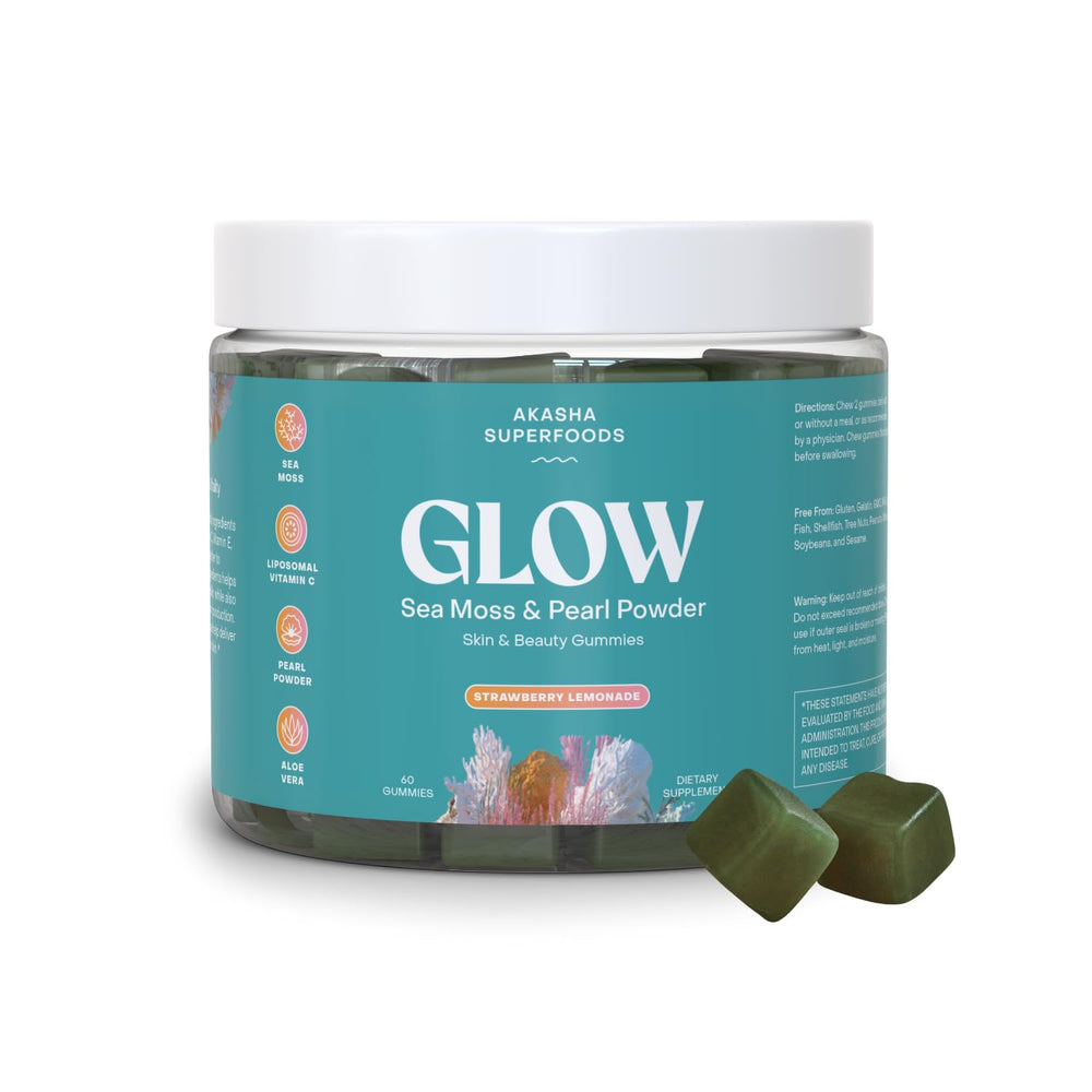 Akasha Superfoods Sea Moss Glow Gummies bottle showing convenient daily option for hair, skin and nails.