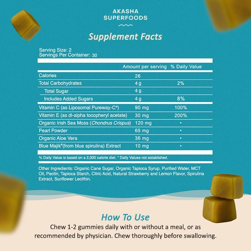 Akasha Sea Moss Glow Gummies jar with spoon emphasizes easy everyday consumption.