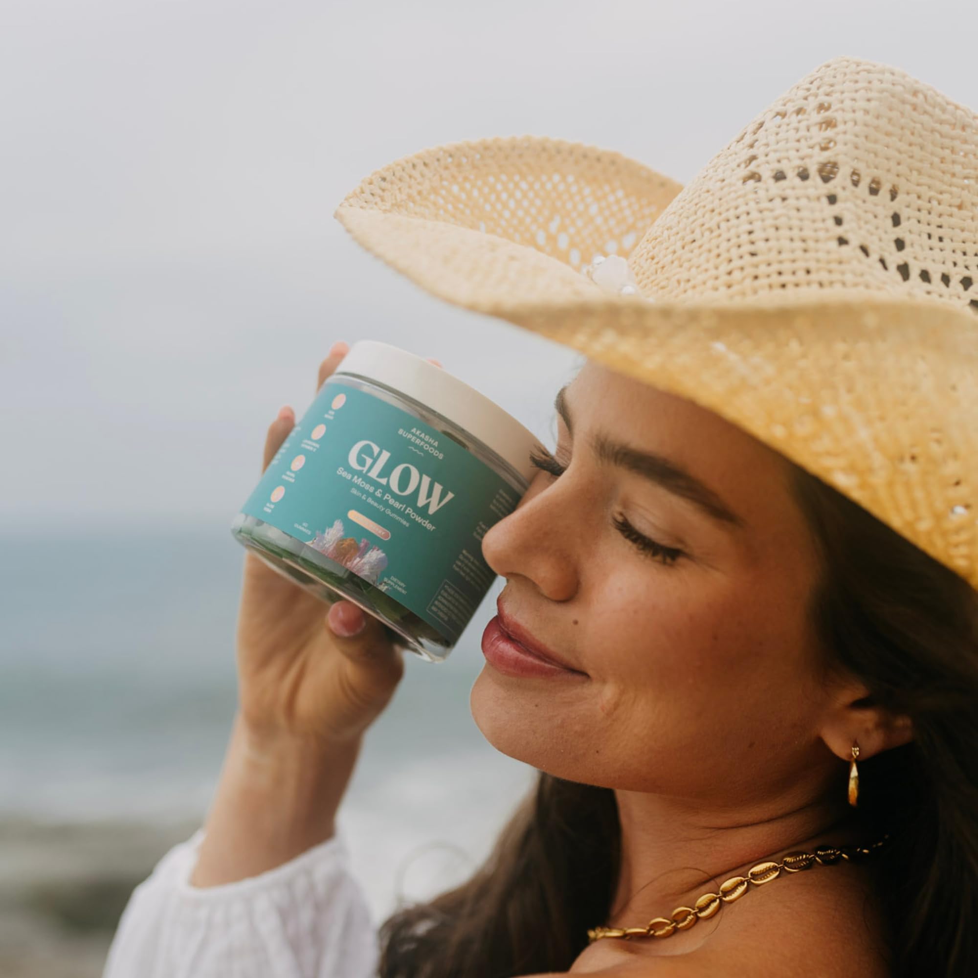 Akasha Sea Moss Glow Gummies packaging back reveals bottle design and serving directions.
