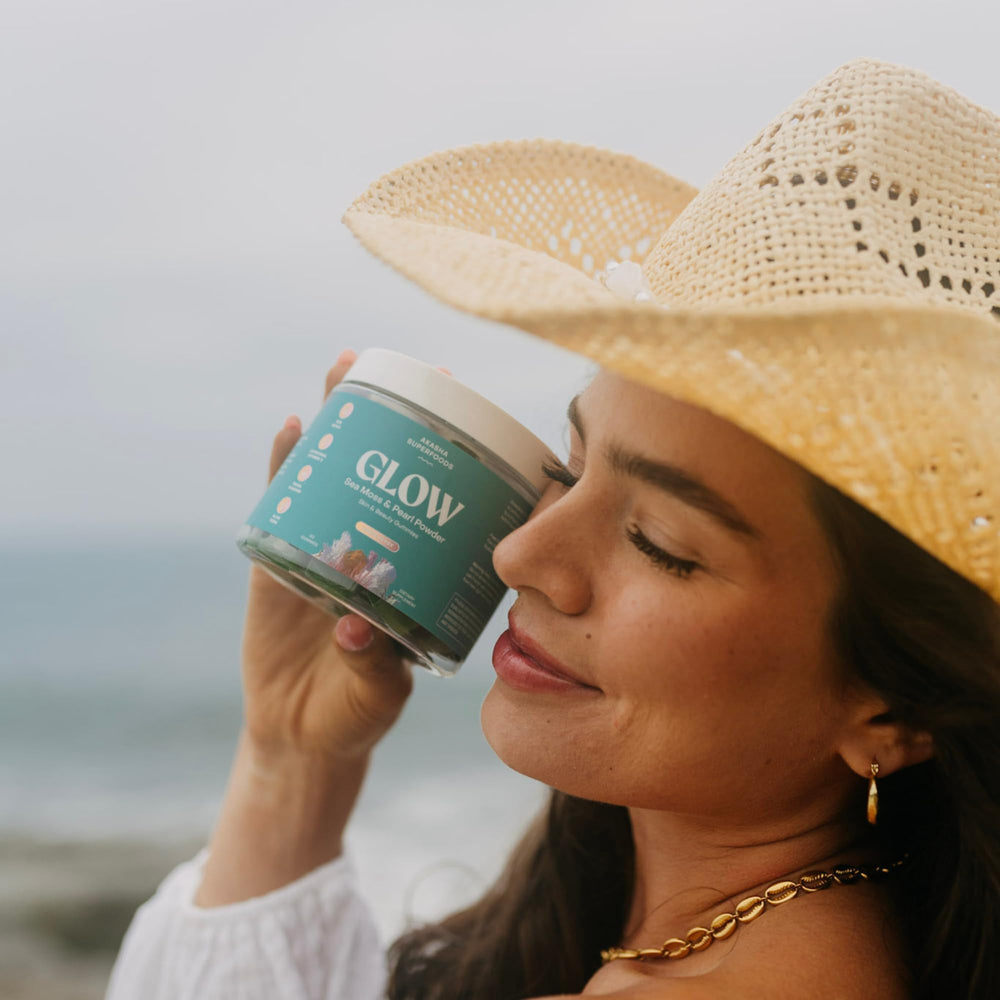 Akasha Sea Moss Glow Gummies packaging back reveals bottle design and serving directions.