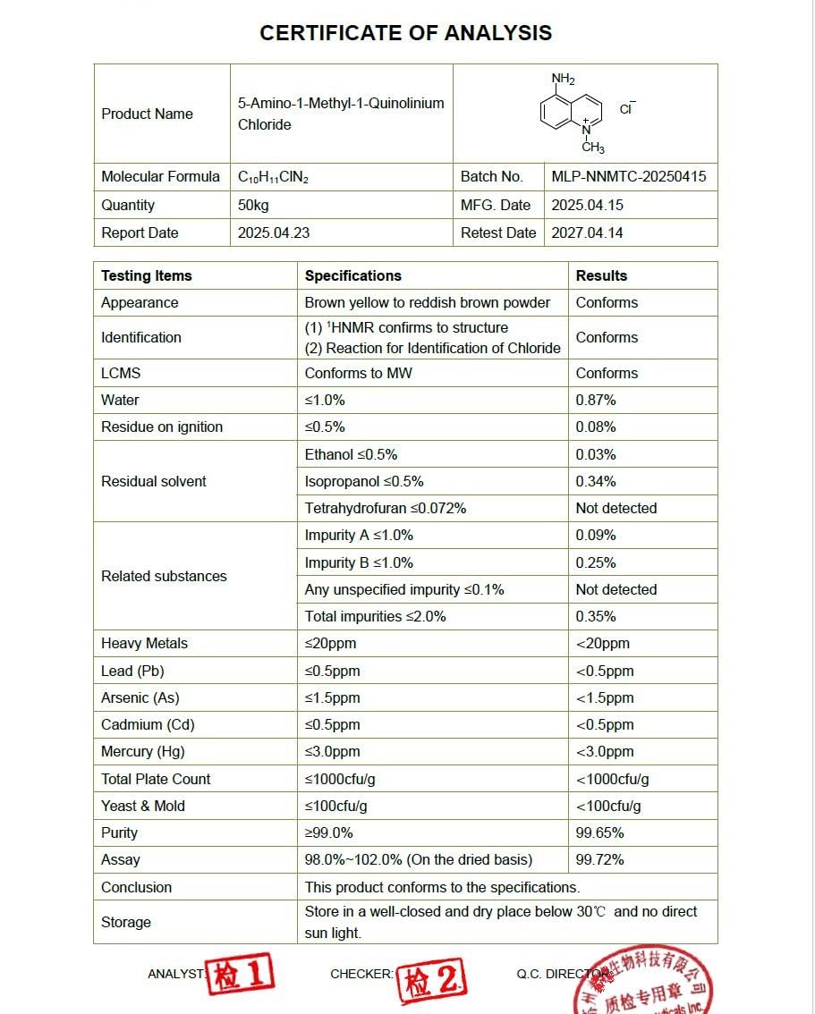 Akersunder powder form of 5-amino-1-methylquinolin-1-ium chloride ready for lab prep.