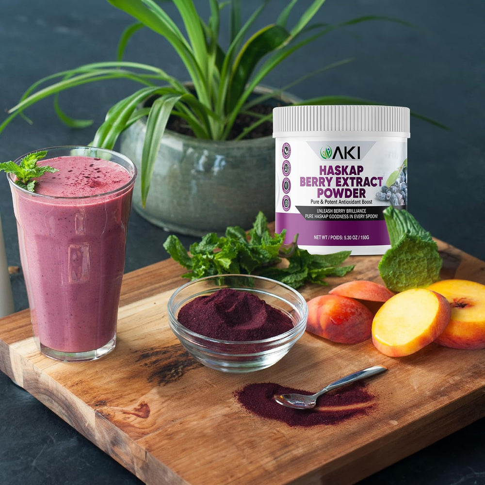 Storage jar shot of AKI Haskap Berry Extract Powder with long shelf life