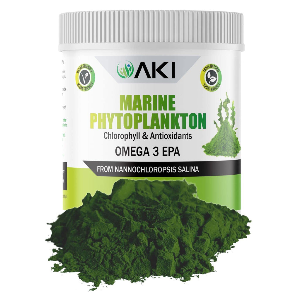 AKI Organic Marine Phytoplankton powder bottle highlights a plant-based omega blend for daily wellness