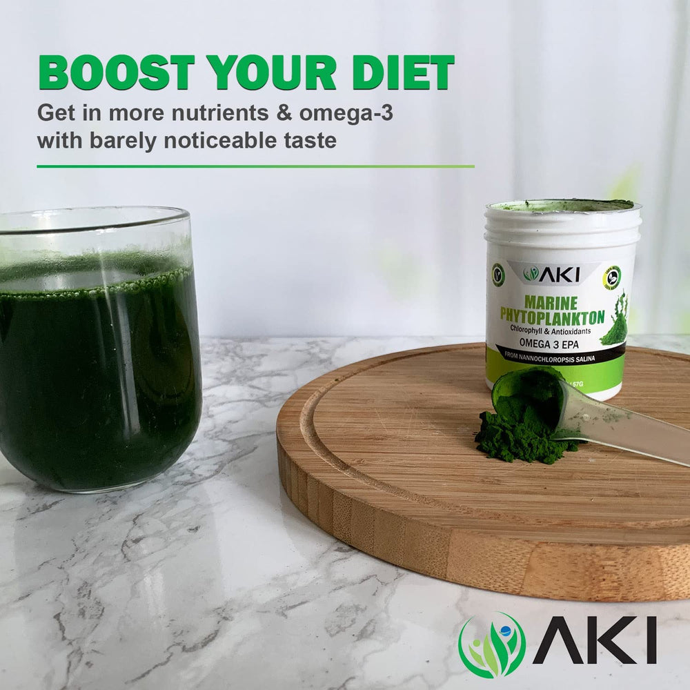 AKI Organic Marine Phytoplankton powder nutrition facts highlight 1200 mg Omega-3 per serving