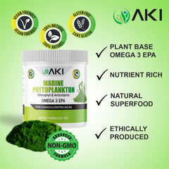 AKI Organic Marine Phytoplankton powder texture closeup emphasizes fine spray-dried nutrients