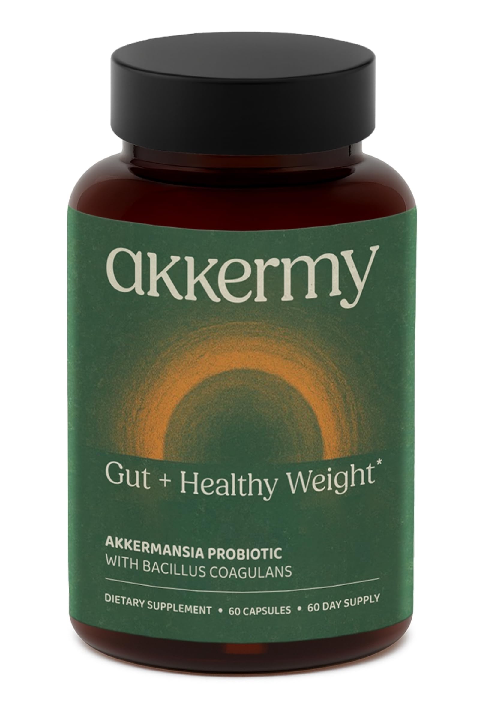 Akkermy bottle front showing Akkermansia probiotic for gut support and appetite balance