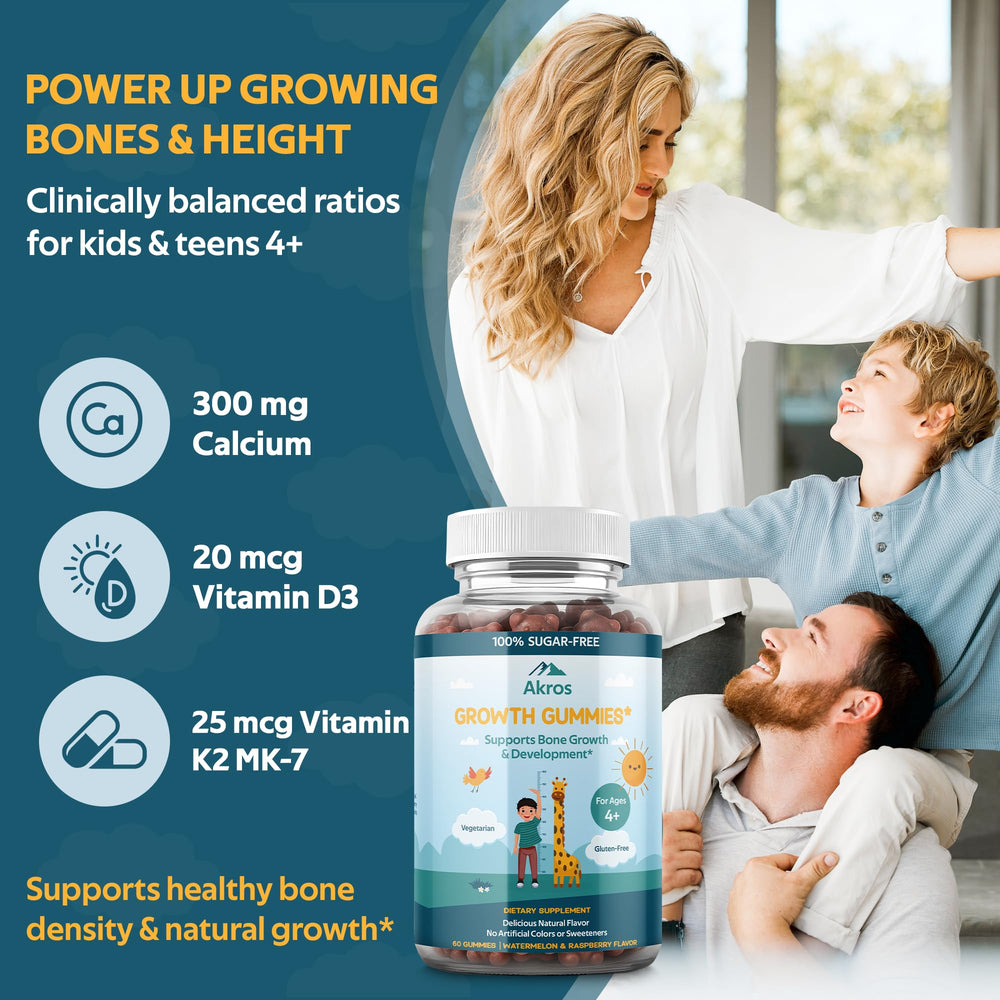 Akros Growth Gummies with Ashwagandha and Spirulina; supports daily vitality for active teens.