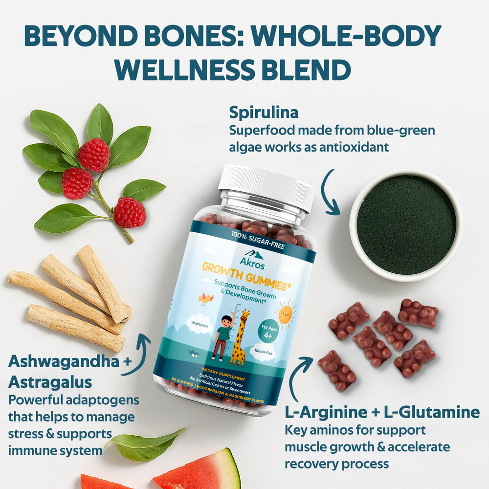 Akros Growth Gummies Ingredient transparency; non-GMO, gluten-free, vegetarian formula.