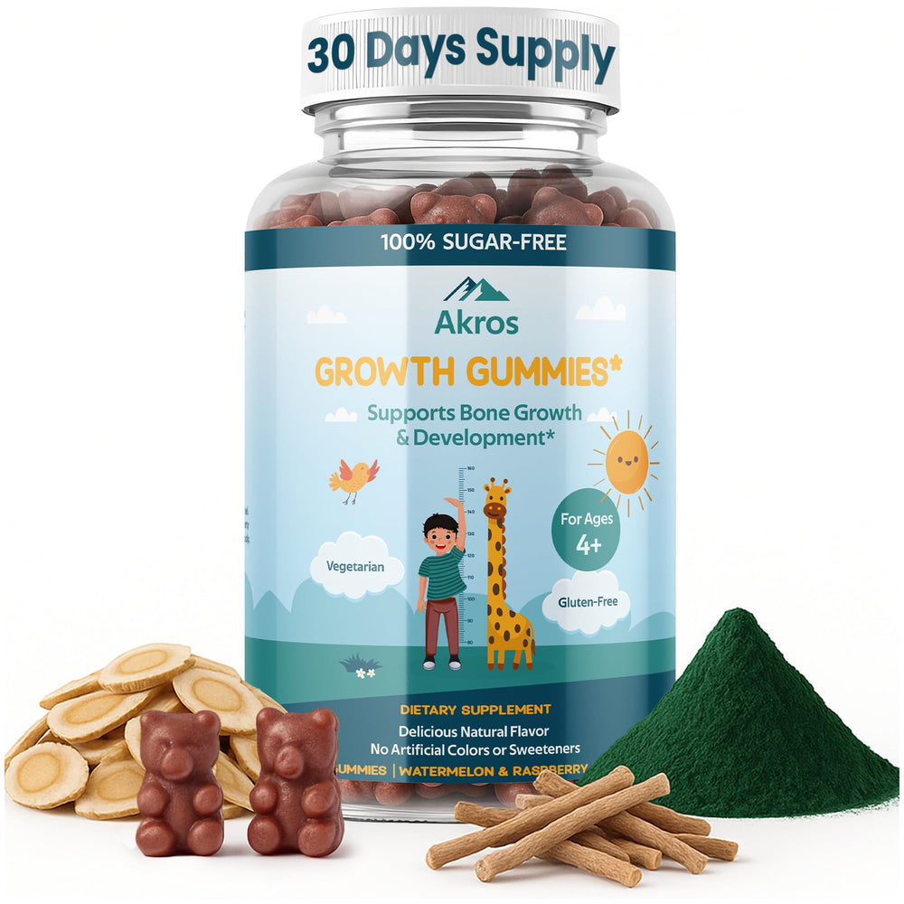 Akros Growth Gummies Raspberry-Watermelon Bears for kids; tasty bone support for growing bodies.
