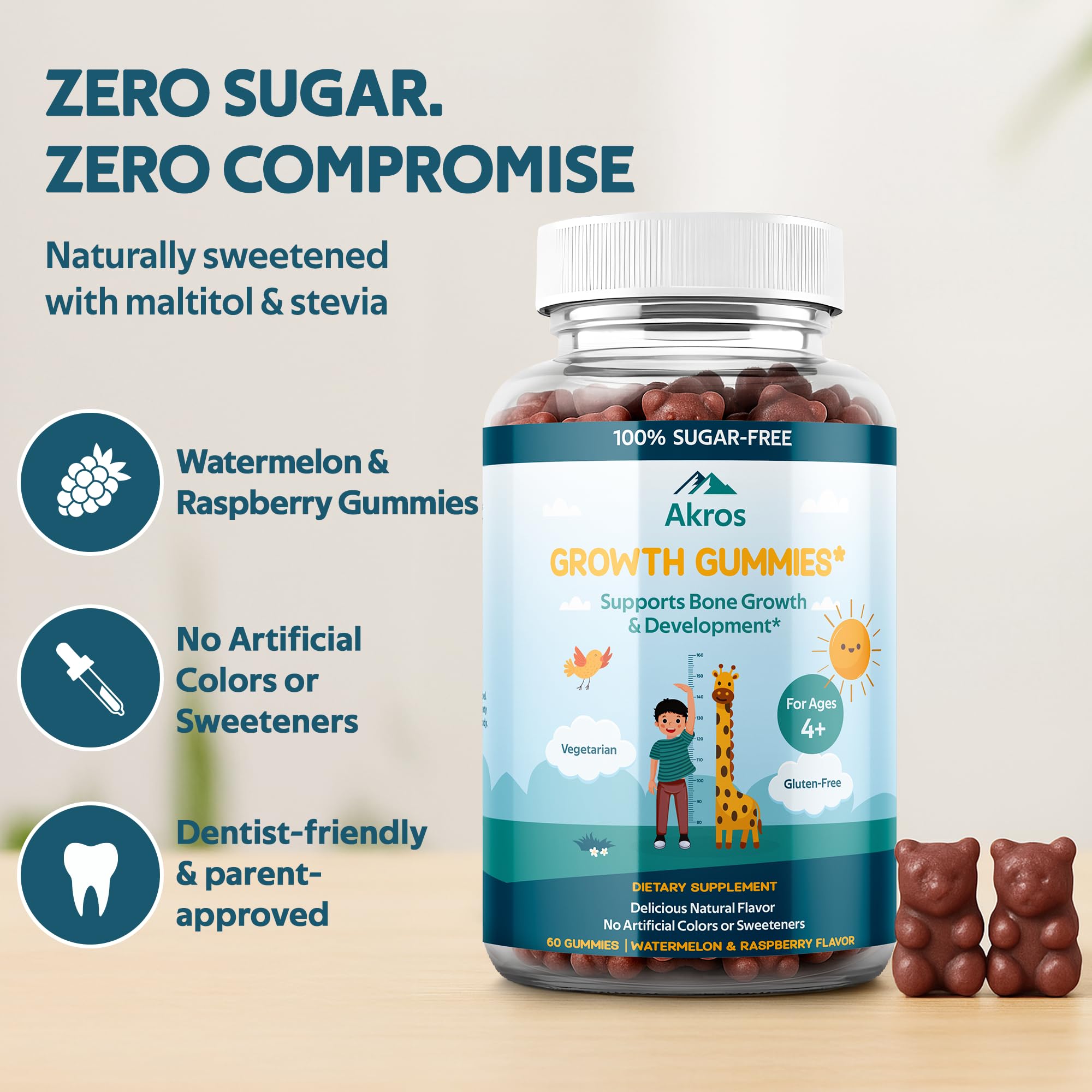 Akros Growth Gummies 60-count bottle; convenient daily routine for bone support.