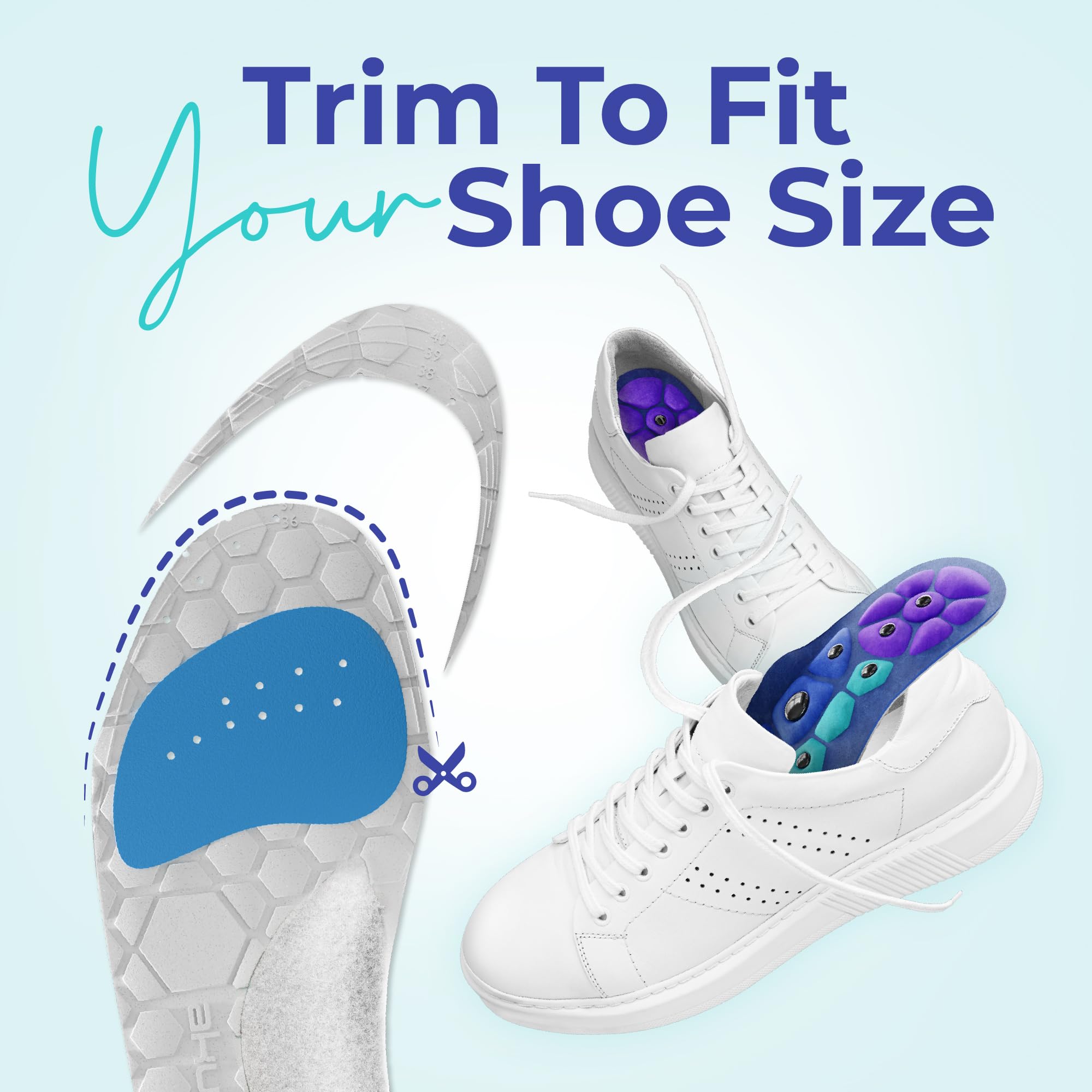 Akusoli trim-to-fit insole adapts to sizes 8–13 for a custom fit.