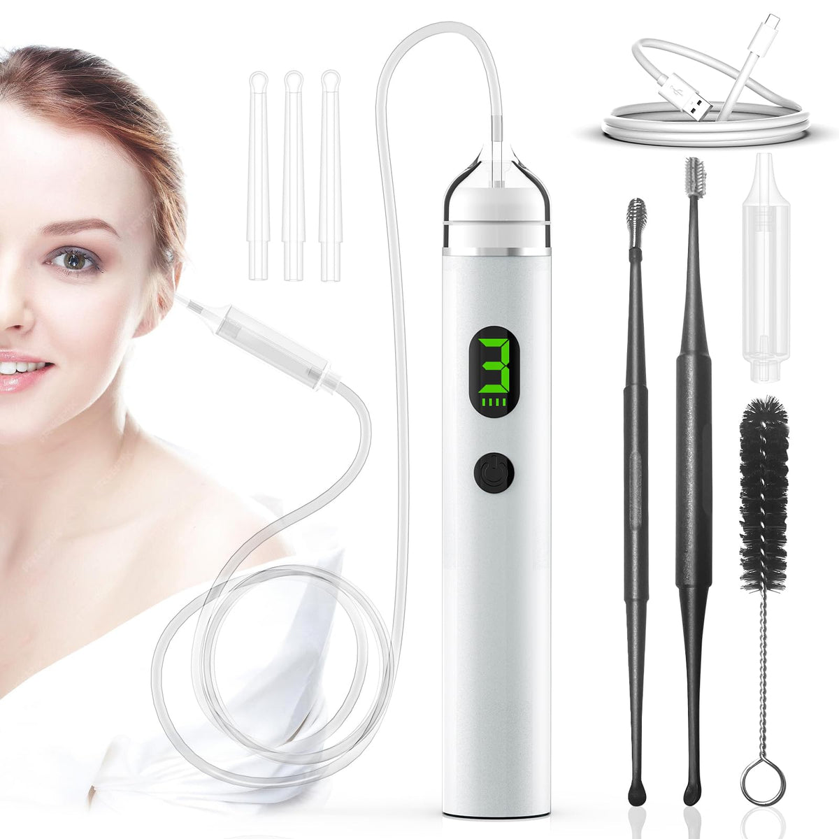Akvsops electric ear vacuum remover showcases portable wax removal for adults and kids.
