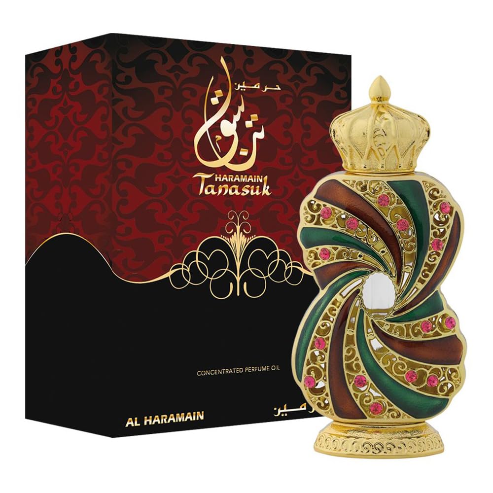 Al Haramain Tanasuk bottle with amber-vanilla aroma for all-day wear.