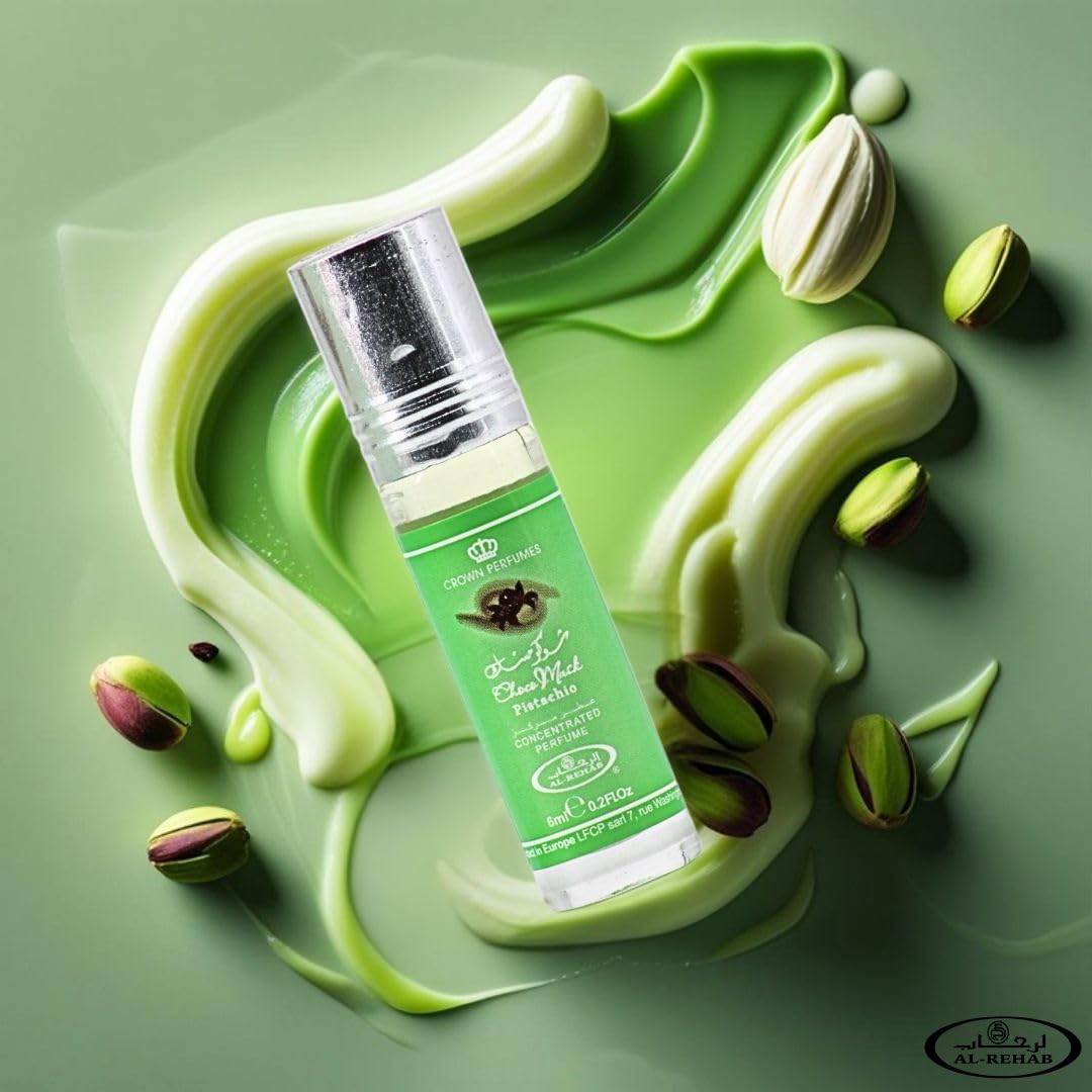 Al-Rehab Choco Musk Pistachio vanilla-amber base provides warm, lasting sweetness.